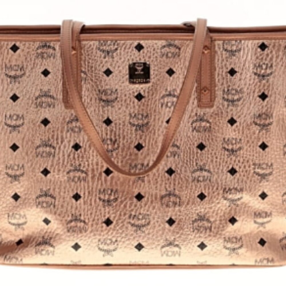 MCM Metallic Pink Visetos canvas zip-top shopper tote